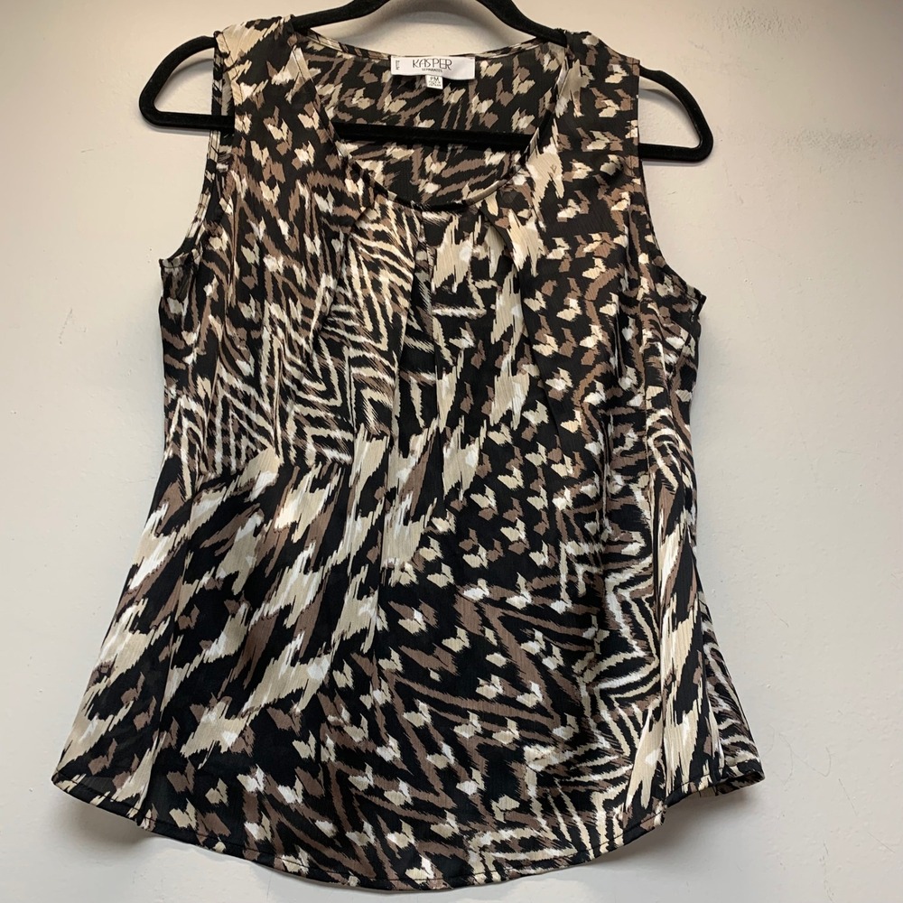 Kasper Blouse Women PM Black Tan Excellent Sleeveless Pleated Abstract Shell